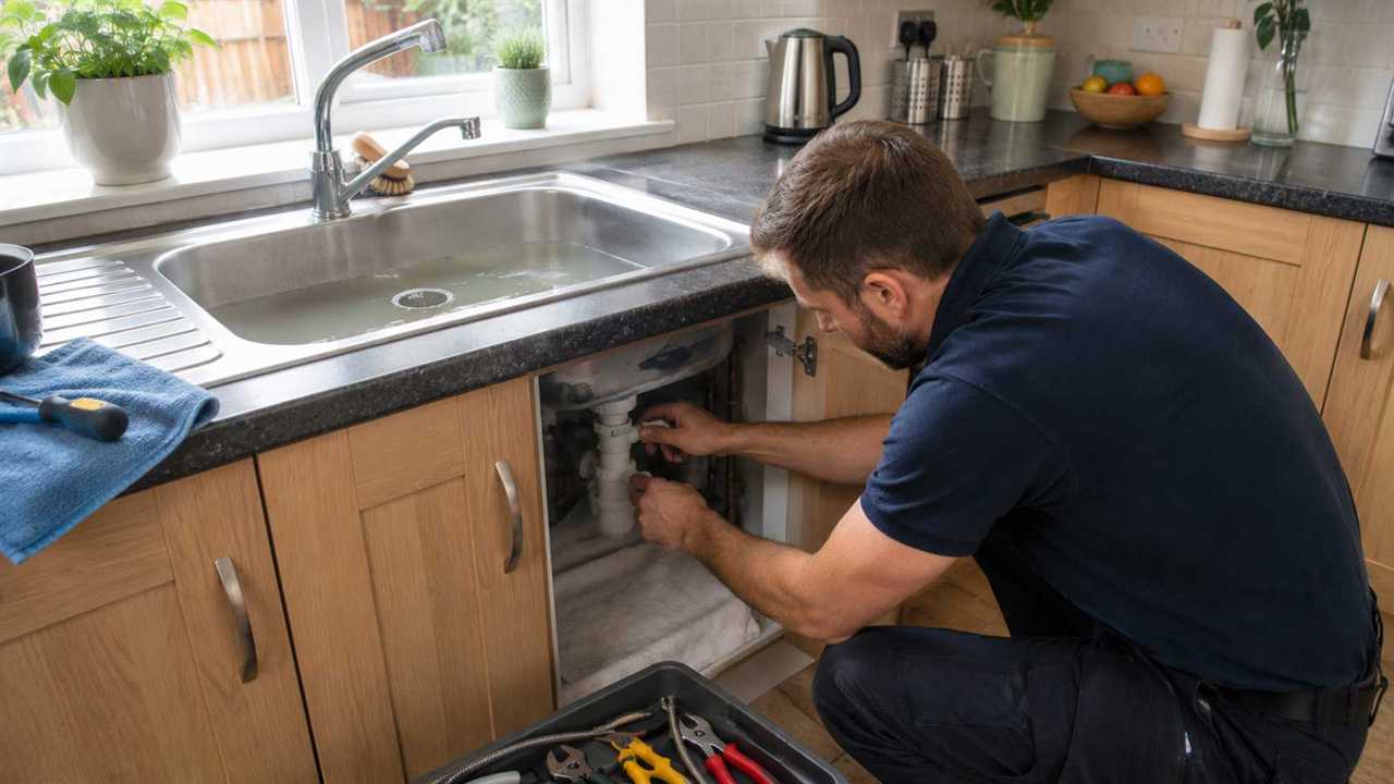 Slow-draining kitchen sink with plumber examining the waste trap