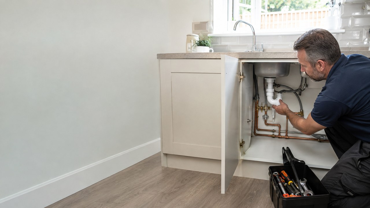 Plumber working on domestic pipework beneath a kitchen sink